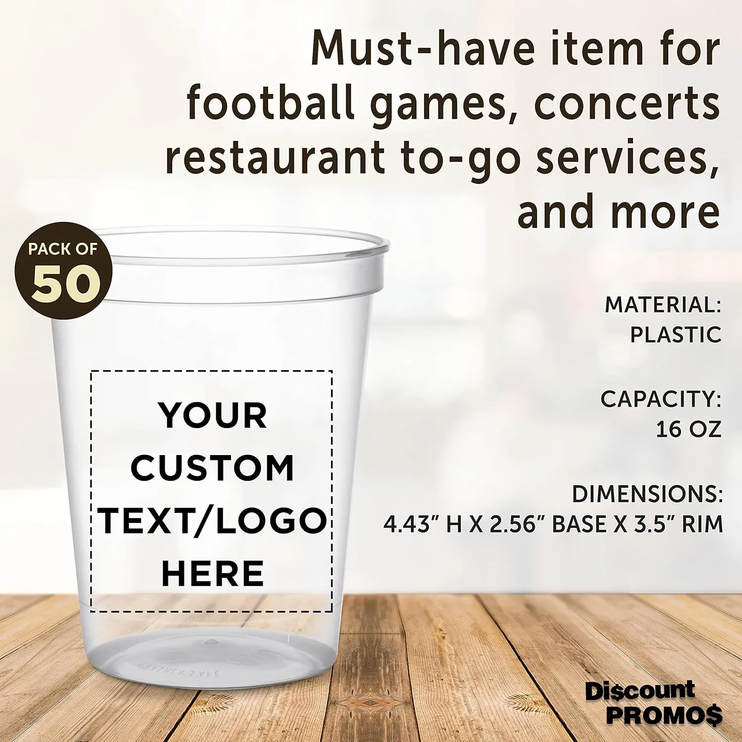 DISCOUNT PROMOS Custom Plastic Stadium Cups 16 oz. Set of 50, Personalized Bulk Pack - Perfect for Birthdays, Weddings, Picnic, Beach, Parties - Clear
