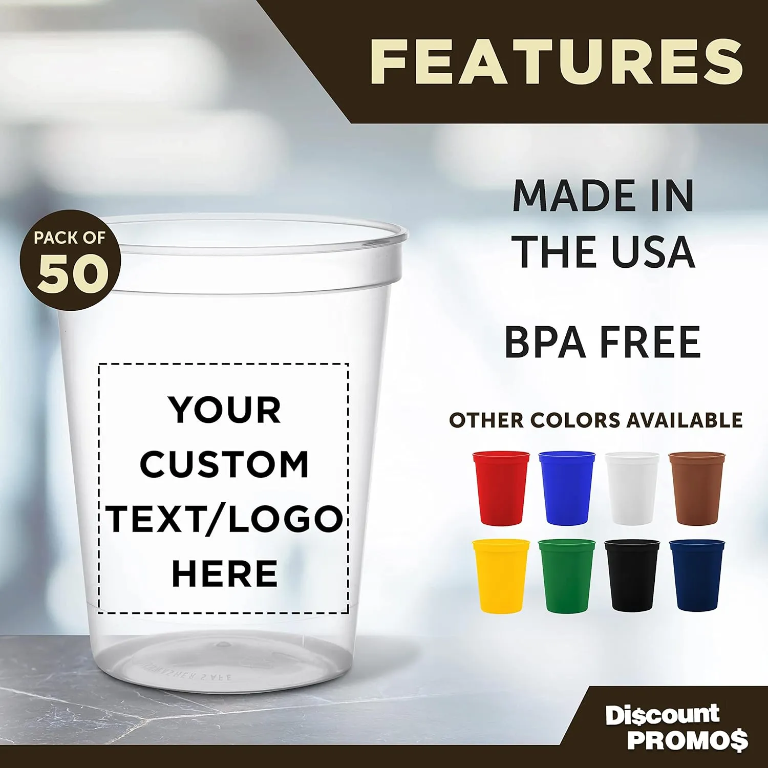 DISCOUNT PROMOS Custom Plastic Stadium Cups 16 oz. Set of 50, Personalized Bulk Pack - Perfect for Birthdays, Weddings, Picnic, Beach, Parties - Clear