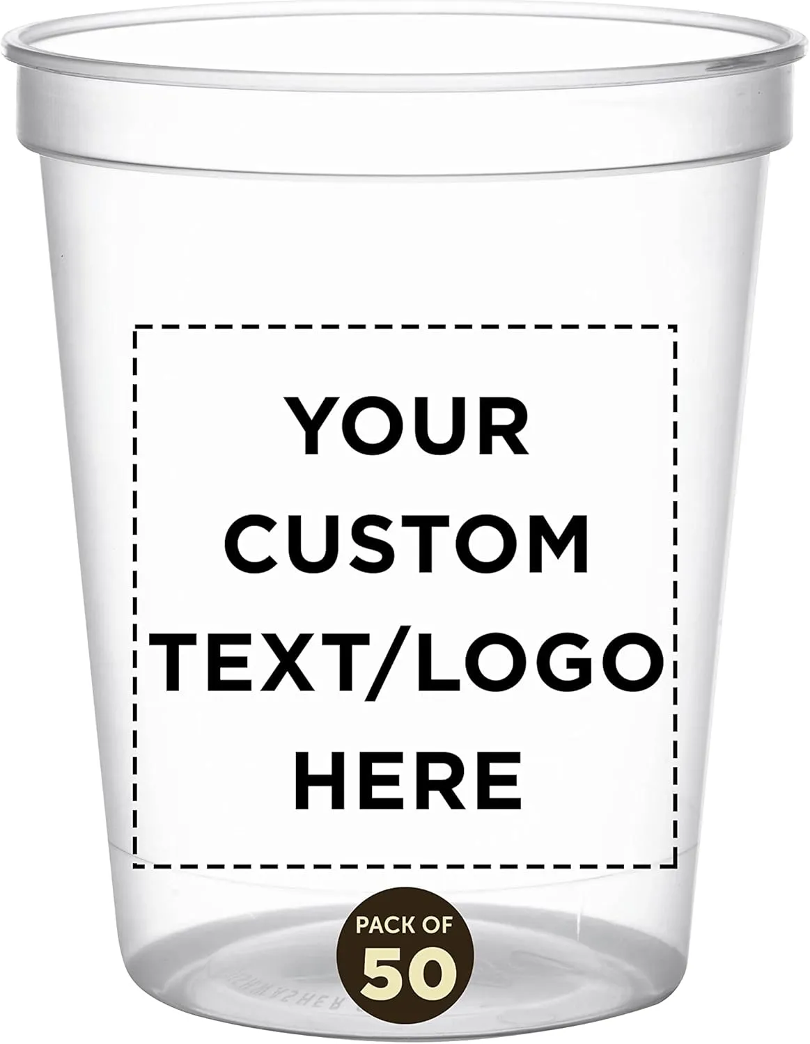 DISCOUNT PROMOS Custom Plastic Stadium Cups 16 oz. Set of 50, Personalized Bulk Pack - Perfect for Birthdays, Weddings, Picnic, Beach, Parties - Clear