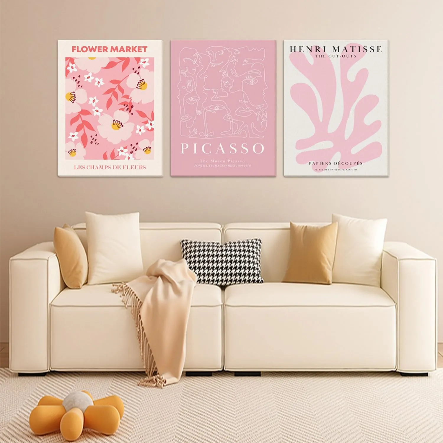 Djmwtb Matisse Picasso Pink Canvas Wall Art Framed Set of 3 Abstract Flower Market Prints Cute Posters Aesthetic Pictures Paintings Wall Decor for Girls Bedroom Apartment Living Room 12x16in
