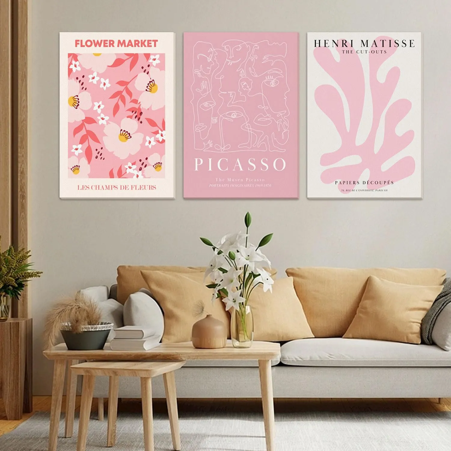 Djmwtb Matisse Picasso Pink Canvas Wall Art Framed Set of 3 Abstract Flower Market Prints Cute Posters Aesthetic Pictures Paintings Wall Decor for Girls Bedroom Apartment Living Room 12x16in