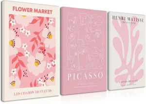 Djmwtb Matisse Picasso Pink Canvas Wall Art Framed Set of 3 Abstract Flower Market Prints Cute Posters Aesthetic Pictures Paintings Wall Decor for Girls Bedroom Apartment Living Room 12x16in