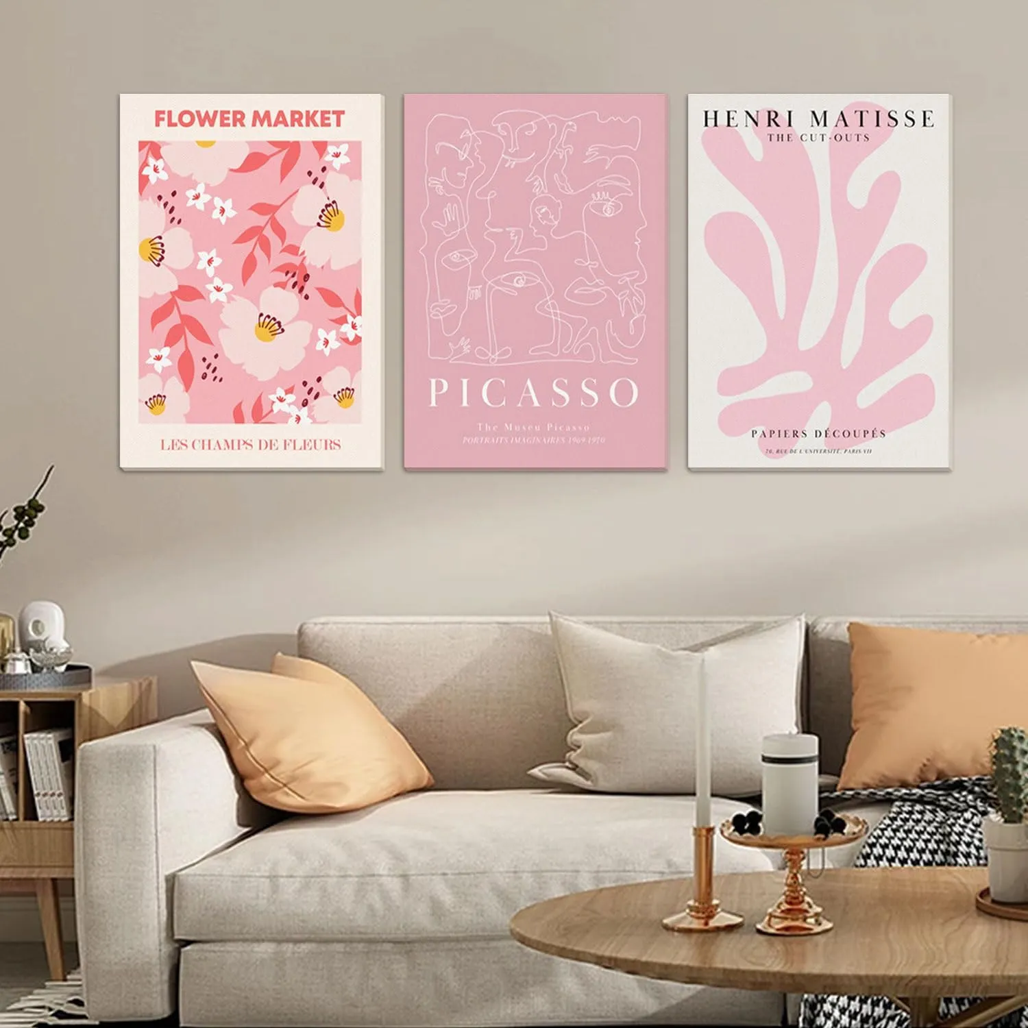 Djmwtb Matisse Picasso Pink Canvas Wall Art Framed Set of 3 Abstract Flower Market Prints Cute Posters Aesthetic Pictures Paintings Wall Decor for Girls Bedroom Apartment Living Room 12x16in