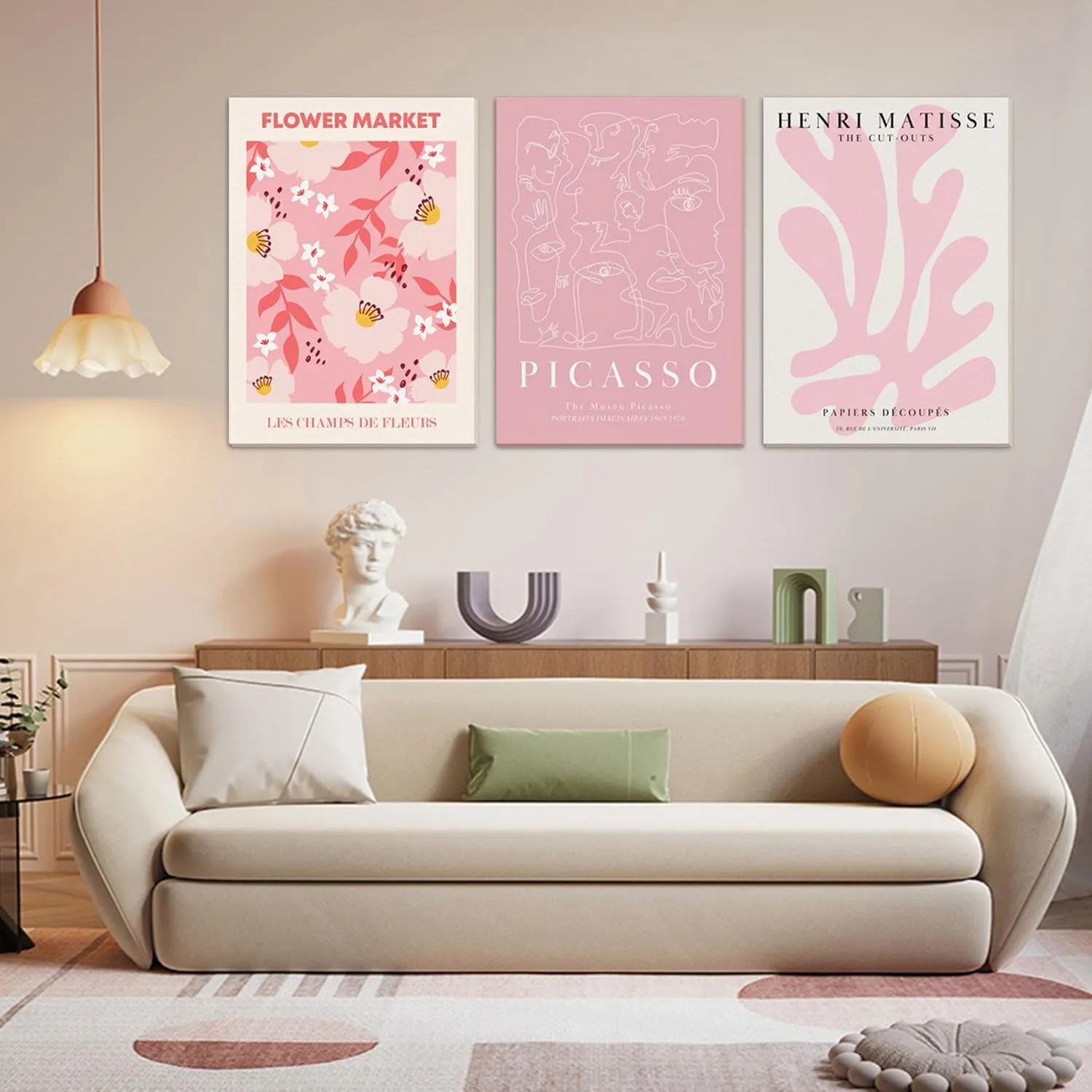 Djmwtb Matisse Picasso Pink Canvas Wall Art Framed Set of 3 Abstract Flower Market Prints Cute Posters Aesthetic Pictures Paintings Wall Decor for Girls Bedroom Apartment Living Room 12x16in