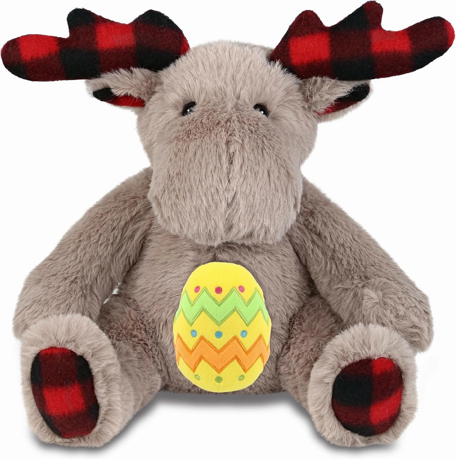DolliBu Plaid Beige Moose with Yellow Easter Egg Plush and Name Personalization - Stuffed Animals for Easter Basket, Easter Egg Stuffed Animal Spring Toys for Girls, Boy, Baby - 10 Inches