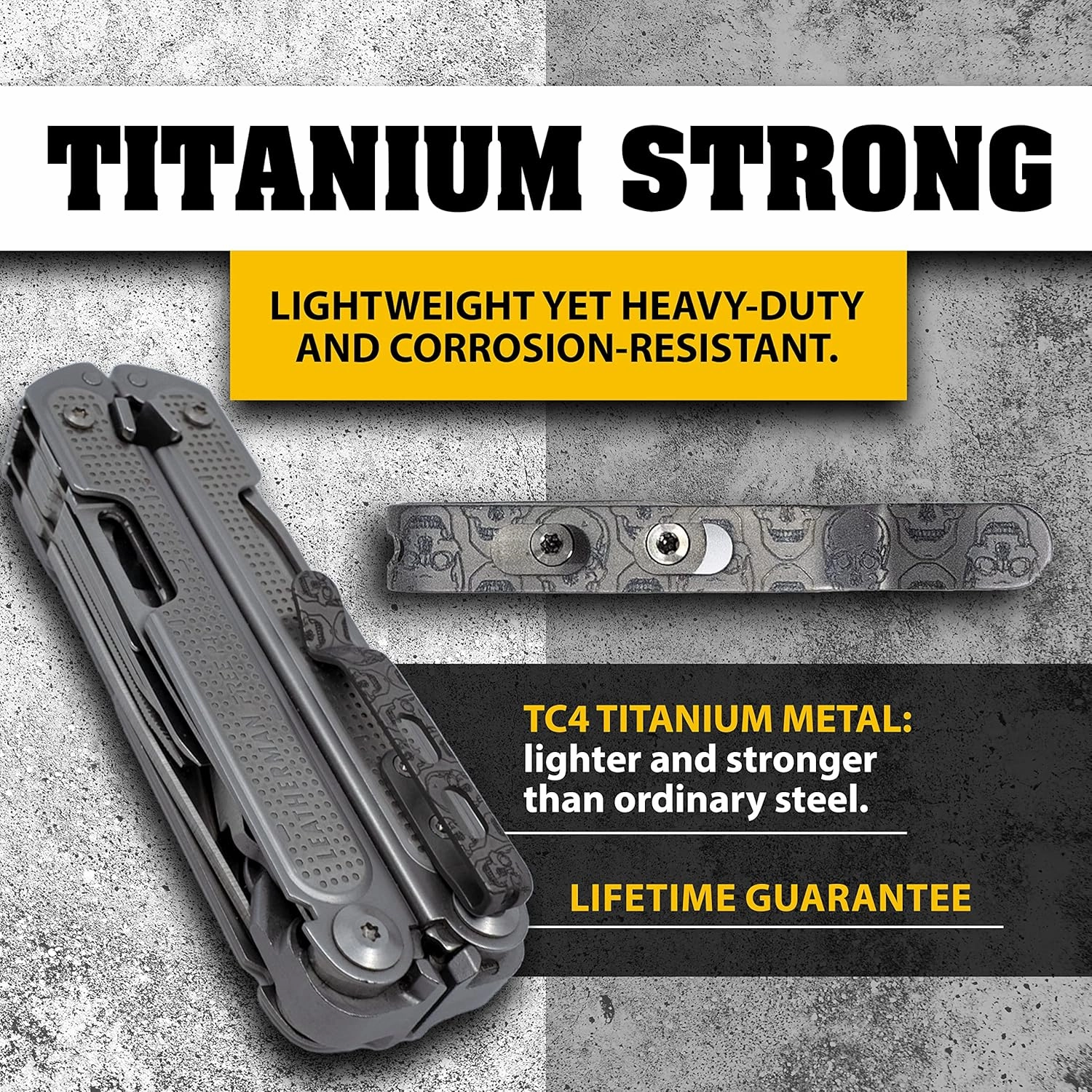 Donk! Titanium Pocket Clip. Made for Leatherman Free (P2, P4, T2 & T4) Curl & Bond. TC4 Titanium. Matte Finish. 2 Screws. 5 Custom Designs. Extra Carry Options - 'Numb Skulls’