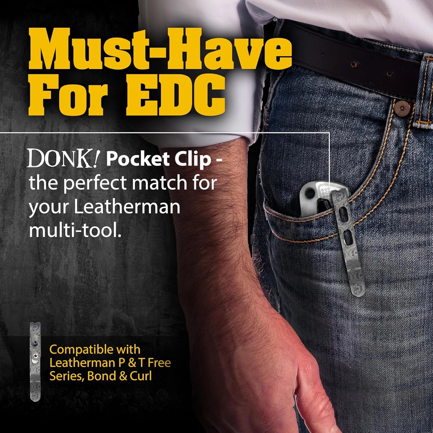 Donk! Titanium Pocket Clip. Made for Leatherman Free (P2, P4, T2 & T4) Curl & Bond. TC4 Titanium. Matte Finish. 2 Screws. 5 Custom Designs. Extra Carry Options - 'Numb Skulls’