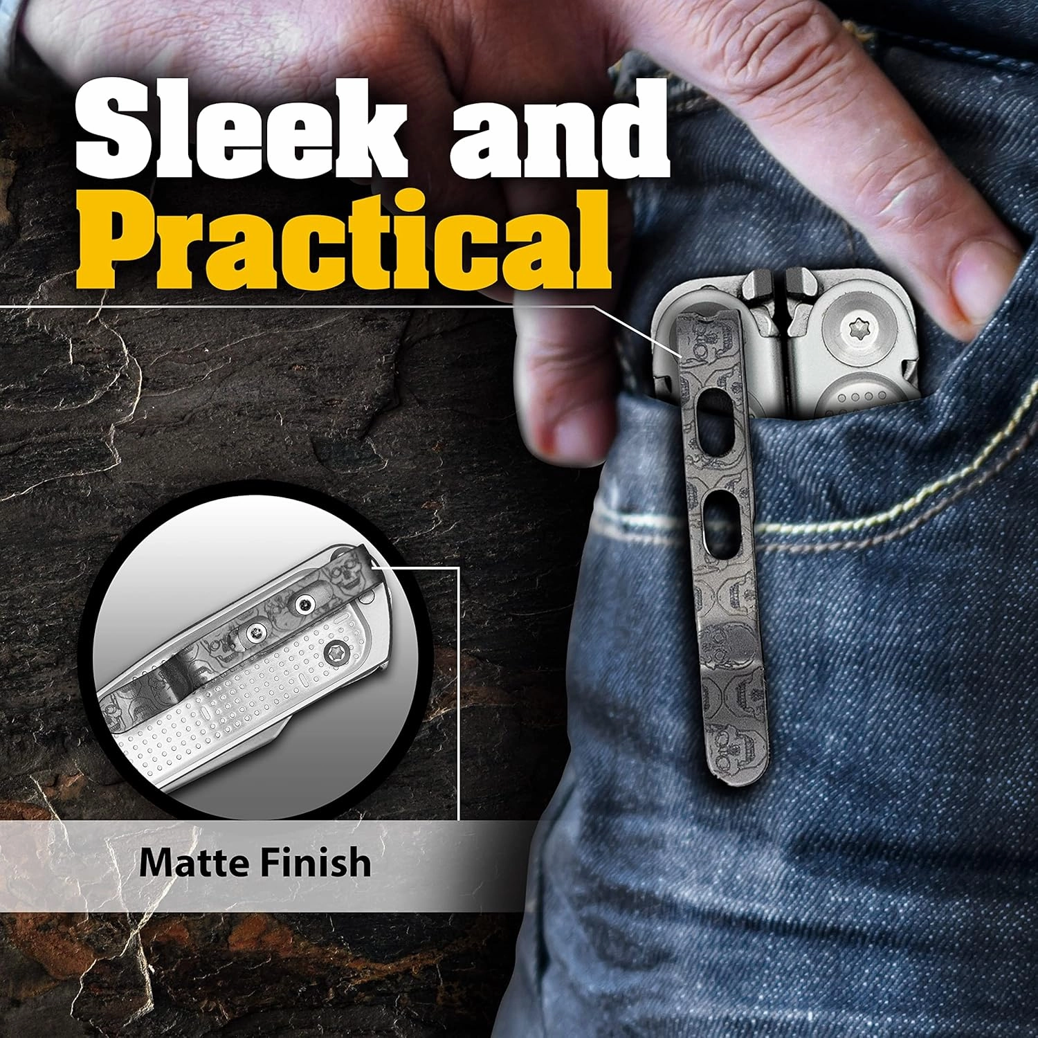 Donk! Titanium Pocket Clip. Made for Leatherman Free (P2, P4, T2 & T4) Curl & Bond. TC4 Titanium. Matte Finish. 2 Screws. 5 Custom Designs. Extra Carry Options - 'Numb Skulls’