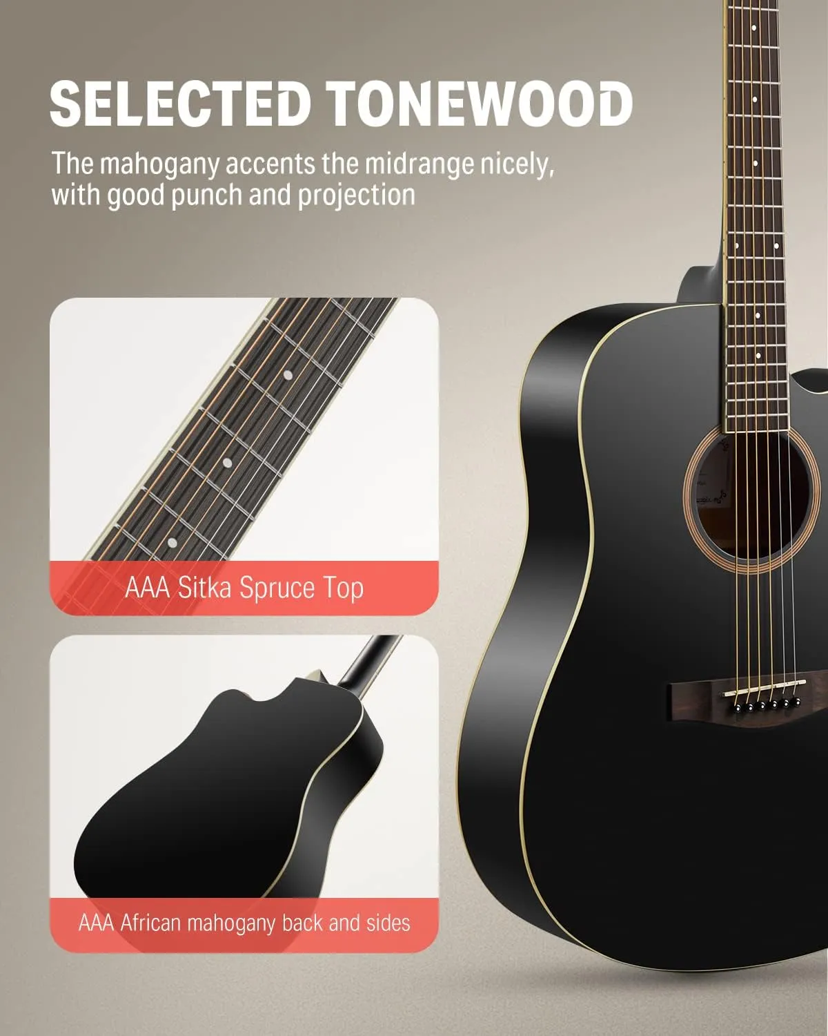 Donner Full-Size Acoustic Guitar Bundle for Beginners - 41'' Cutaway with Gig Bag, Strap, Tuner, and Free Online Lessons