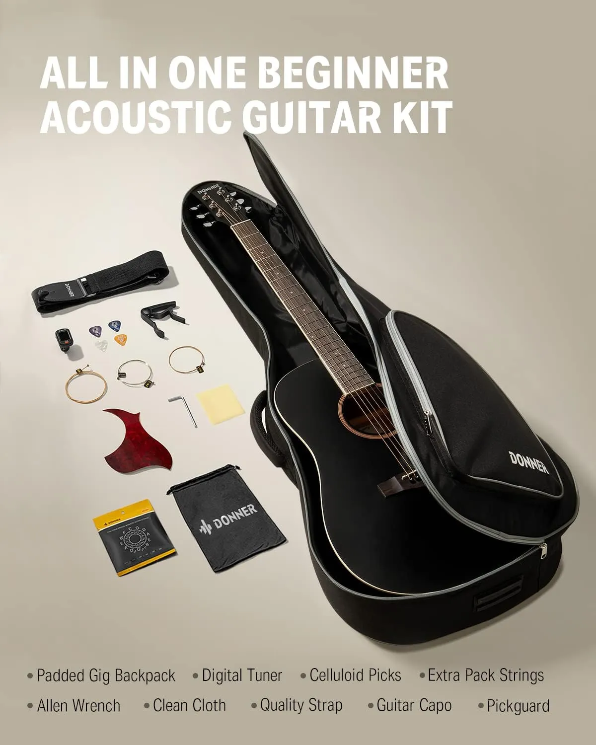 Donner Full-Size Acoustic Guitar Bundle for Beginners - 41'' Cutaway with Gig Bag, Strap, Tuner, and Free Online Lessons