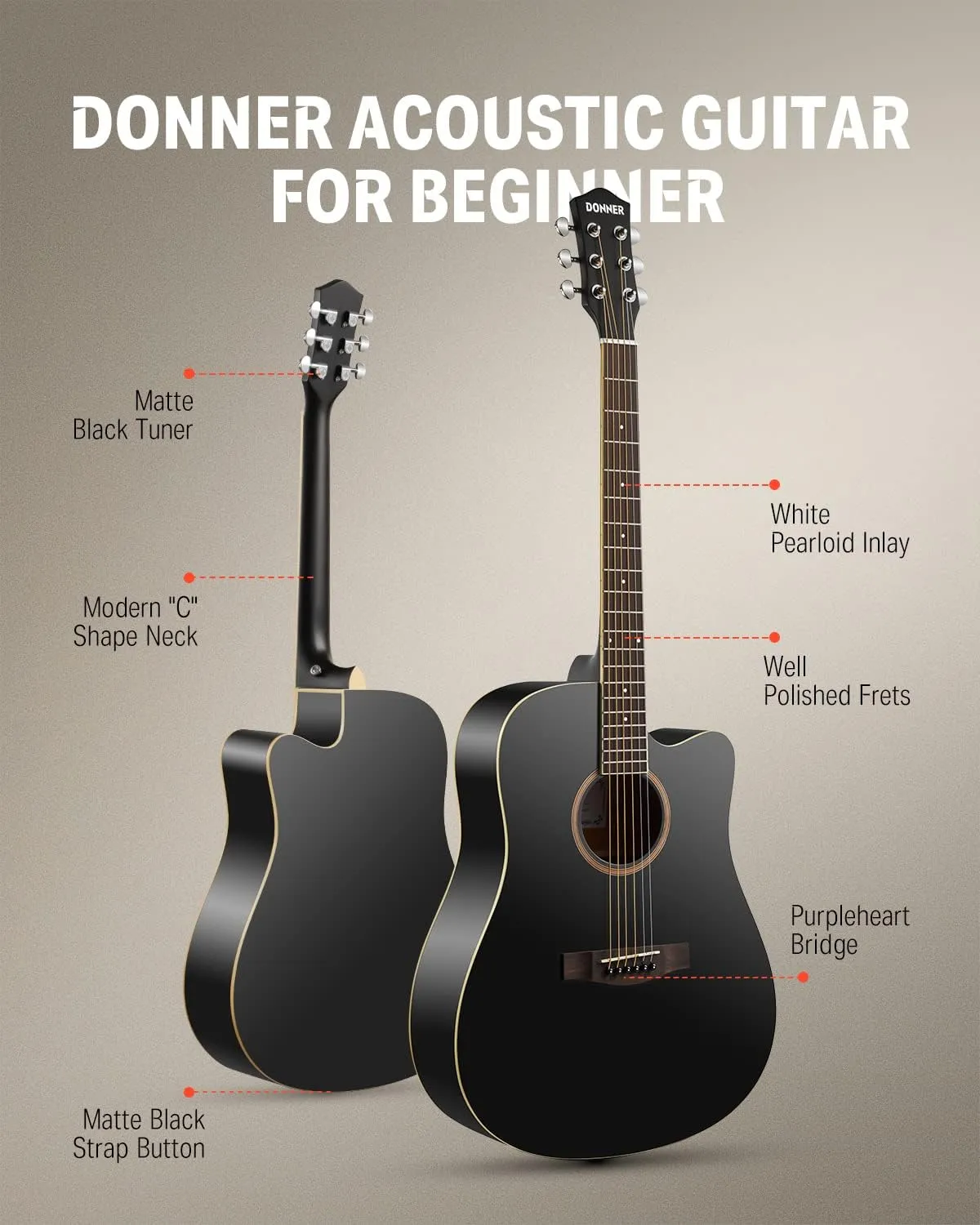 Donner Full-Size Acoustic Guitar Bundle for Beginners - 41'' Cutaway with Gig Bag, Strap, Tuner, and Free Online Lessons