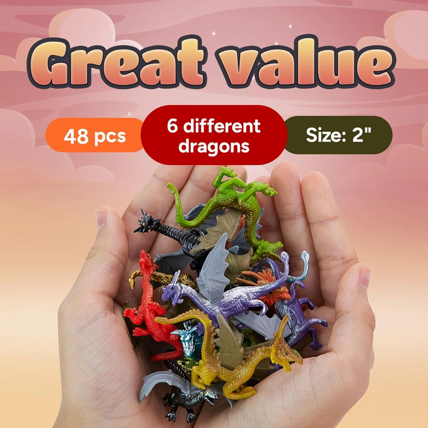 Dragon Figurine Toys - 48 Pcs Dragon Playset for Party Favors - 2" Dragons Pinata Stuffers - Goodie Bag Supplies - Bulk Gifts for Kids - Vending Machine Toy Refill - Easter Gifts for Kids
