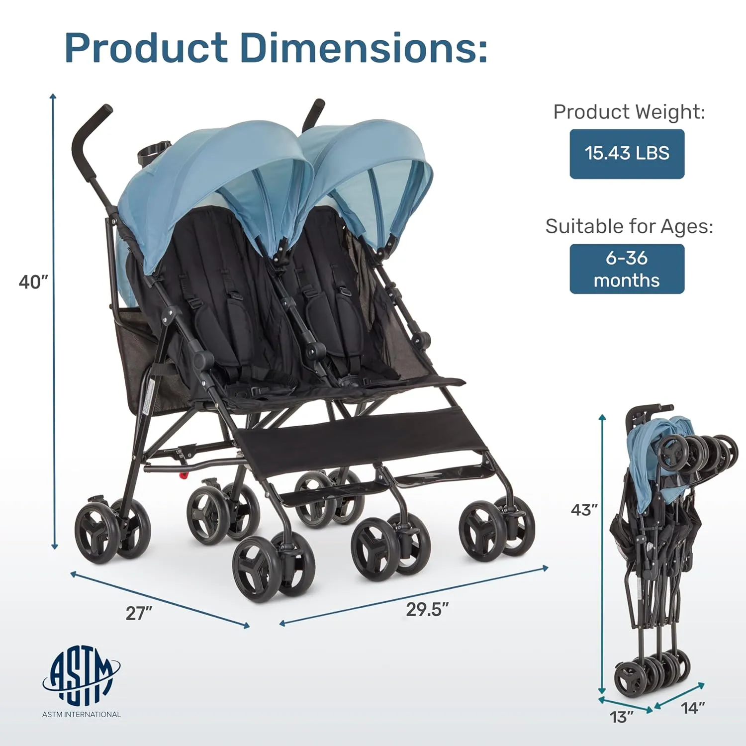 Dream On Me Twin Venture Umbrella Stroller in Light Blue