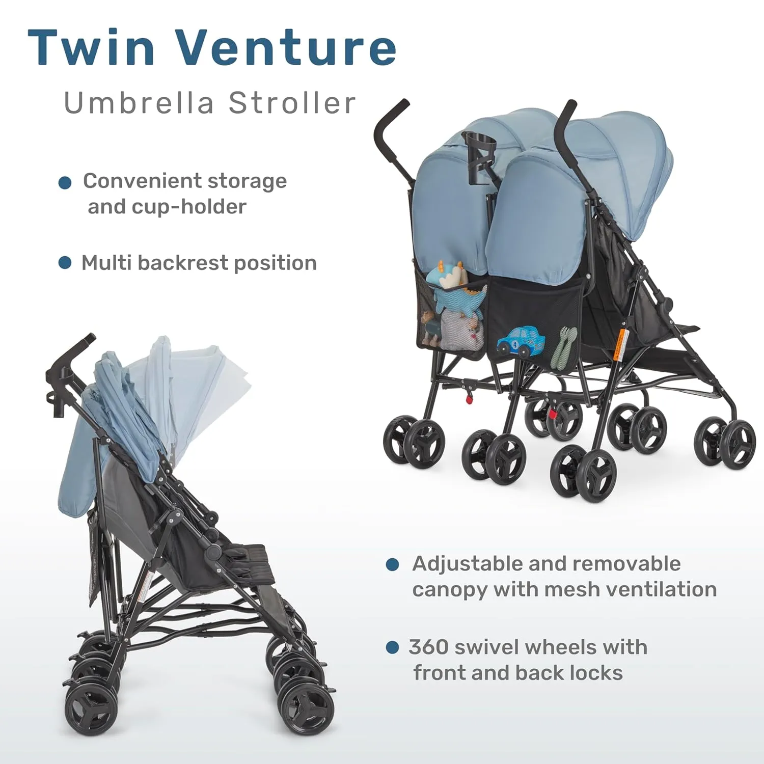 Dream On Me Twin Venture Umbrella Stroller in Light Blue