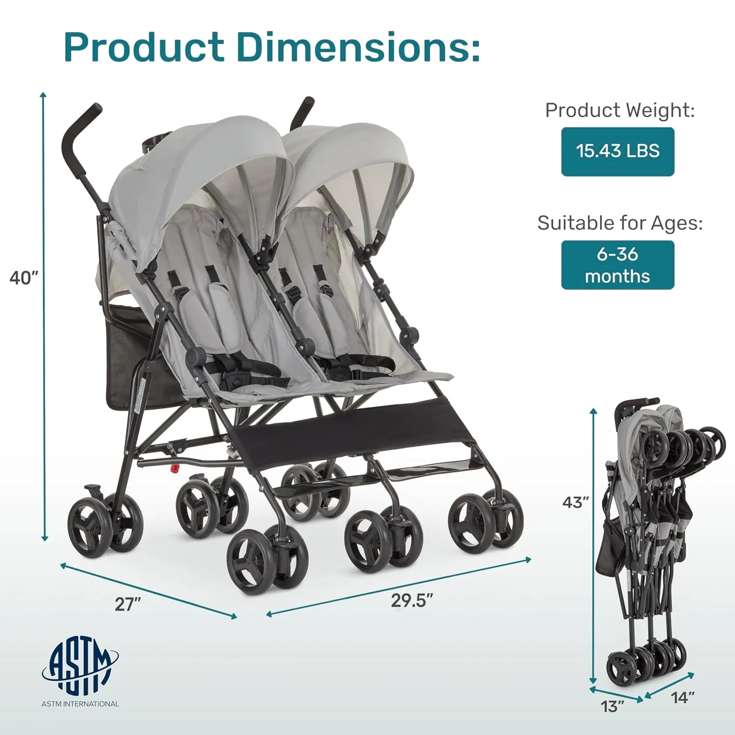 Dream On Me Twin Venture Umbrella Stroller in Light Gray