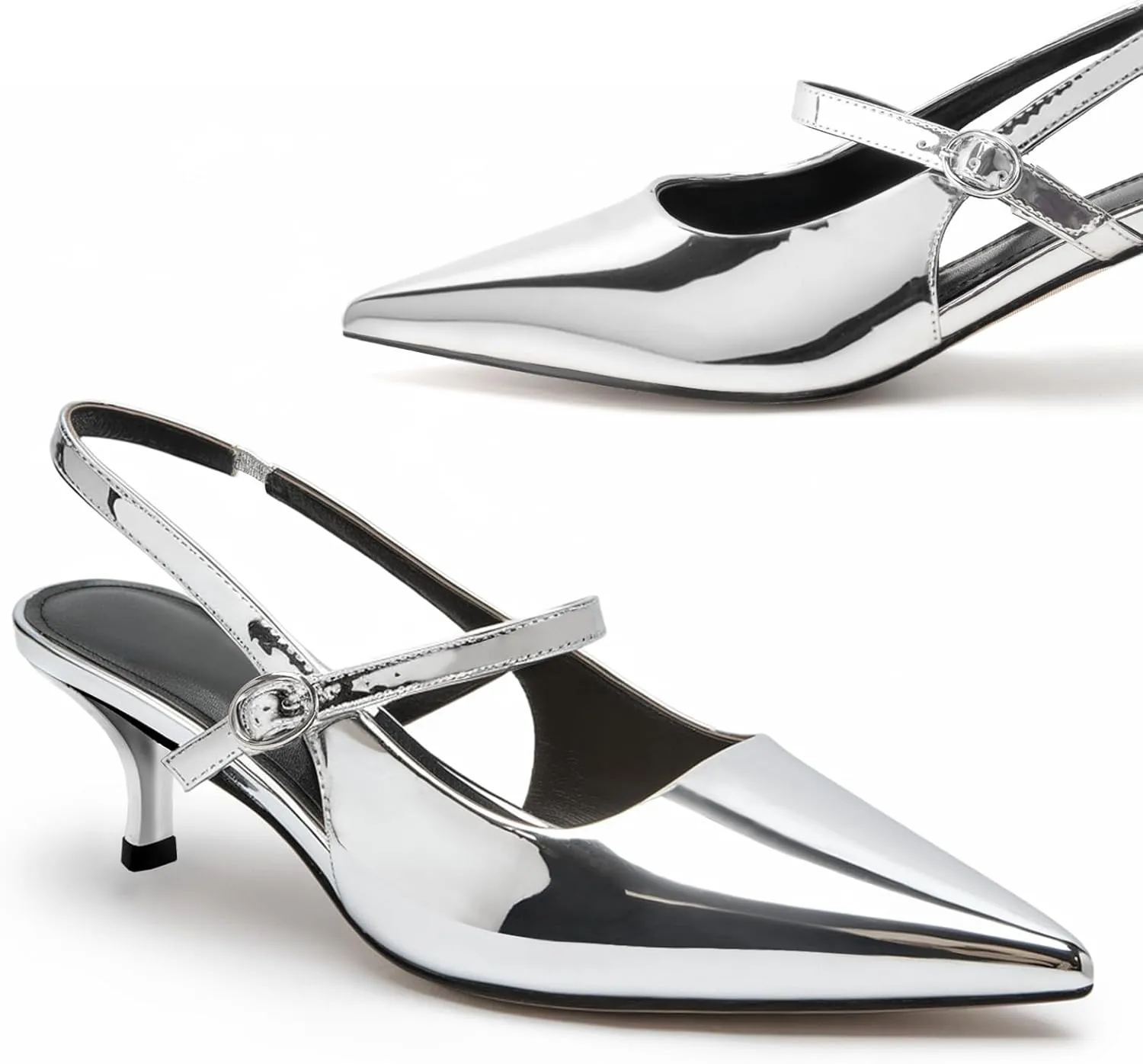 DREAMCIA Women's Pumps Slingback Heels Pointed Toe Sling Back Kitten Heels Women Metallic Slingback Pumps Bride Dresses Wedding Shoes