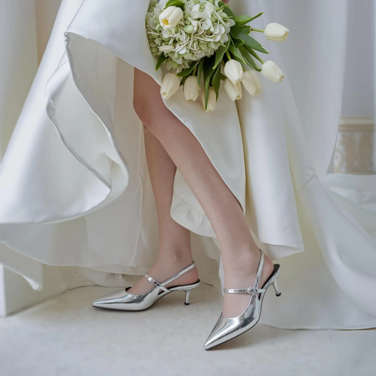 DREAMCIA Women's Pumps Slingback Heels Pointed Toe Sling Back Kitten Heels Women Metallic Slingback Pumps Bride Dresses Wedding Shoes