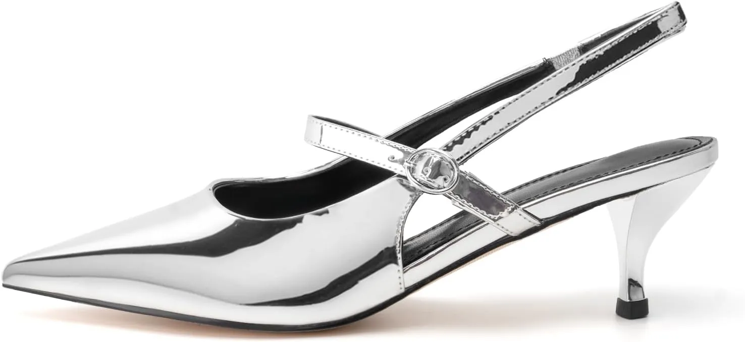 DREAMCIA Women's Pumps Slingback Heels Pointed Toe Sling Back Kitten Heels Women Metallic Slingback Pumps Bride Dresses Wedding Shoes