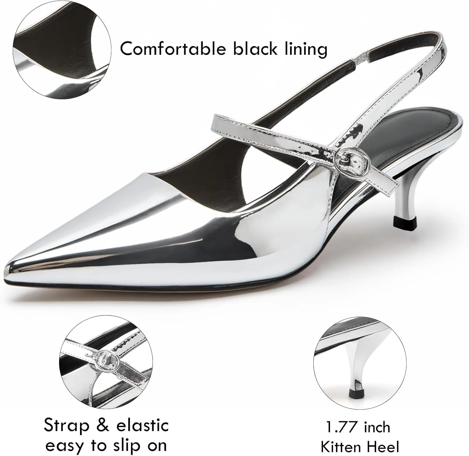 DREAMCIA Women's Pumps Slingback Heels Pointed Toe Sling Back Kitten Heels Women Metallic Slingback Pumps Bride Dresses Wedding Shoes