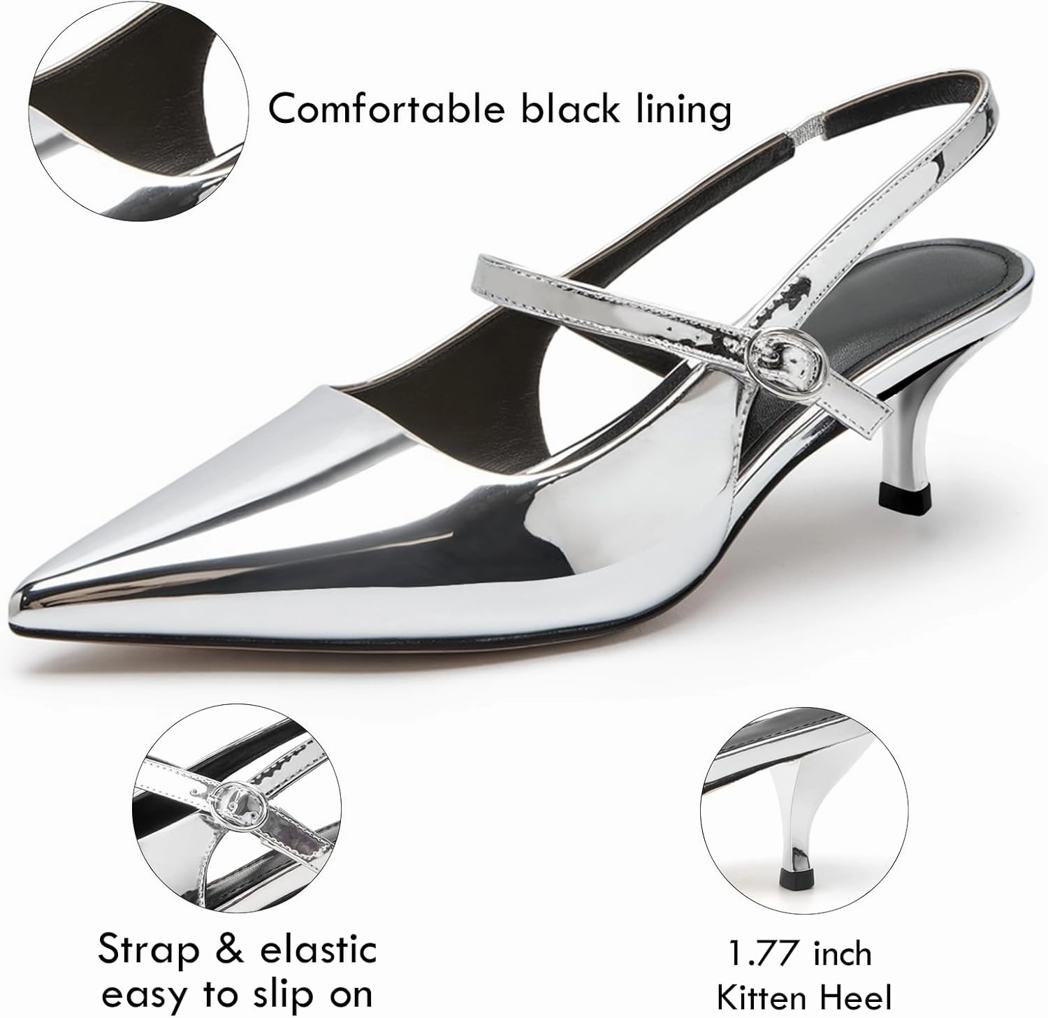 DREAMCIA Women's Pumps Slingback Heels Pointed Toe Sling Back Kitten Heels Women Metallic Slingback Pumps Bride Dresses Wedding Shoes
