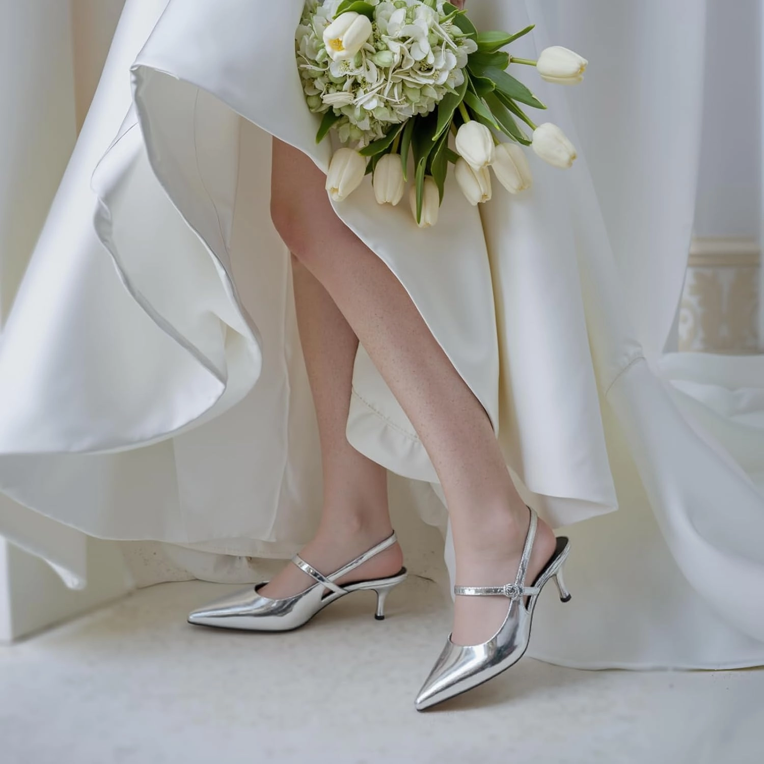 DREAMCIA Women's Pumps Slingback Heels Pointed Toe Sling Back Kitten Heels Women Metallic Slingback Pumps Bride Dresses Wedding Shoes