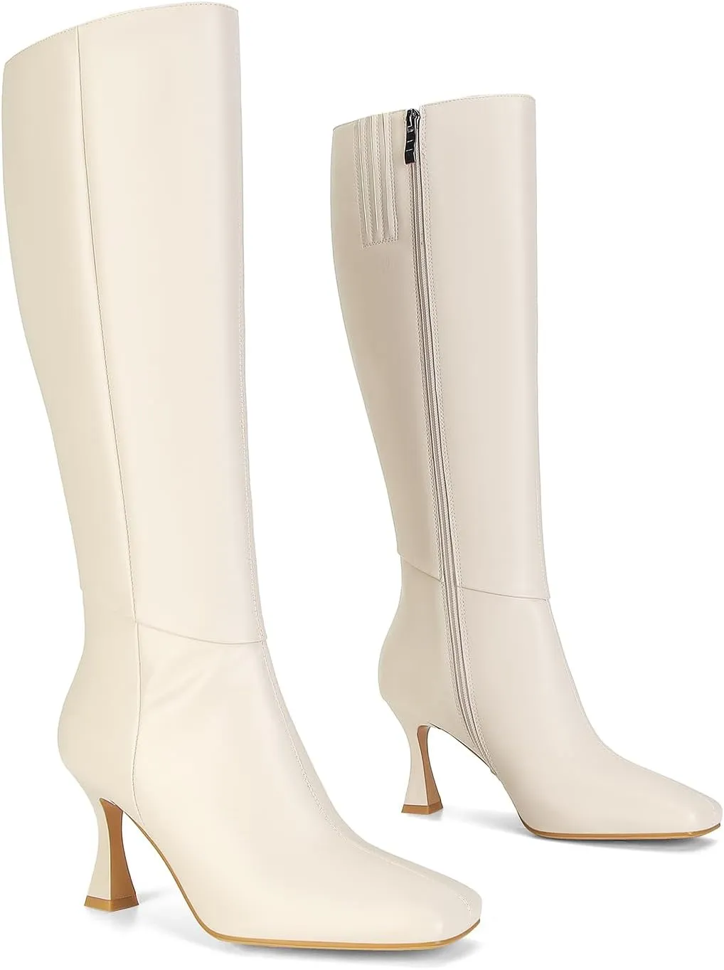Dsevht Black Leather Knee High Boots for Women Stiletto Kitten Heeled Sexy Boots Square Toe and Side Zipper Design Fashion Dress Boots