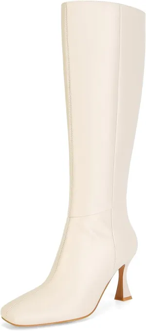 Dsevht Black Leather Knee High Boots for Women Stiletto Kitten Heeled Sexy Boots Square Toe and Side Zipper Design Fashion Dress Boots