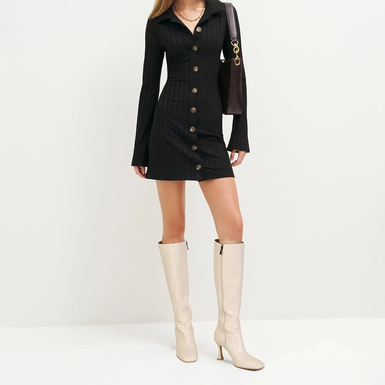 Dsevht Black Leather Knee High Boots for Women Stiletto Kitten Heeled Sexy Boots Square Toe and Side Zipper Design Fashion Dress Boots
