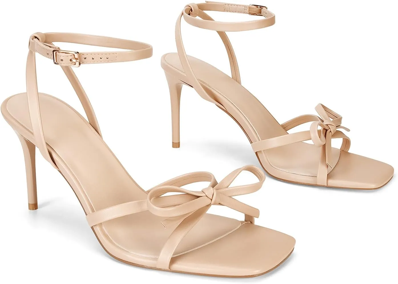 Dsevht Gold Bow Heels for Women Sexy Stiletto Strappy Heeled Sandals Square Open Toe Bow Knot Metallic Slingback Heels Dress Shoes