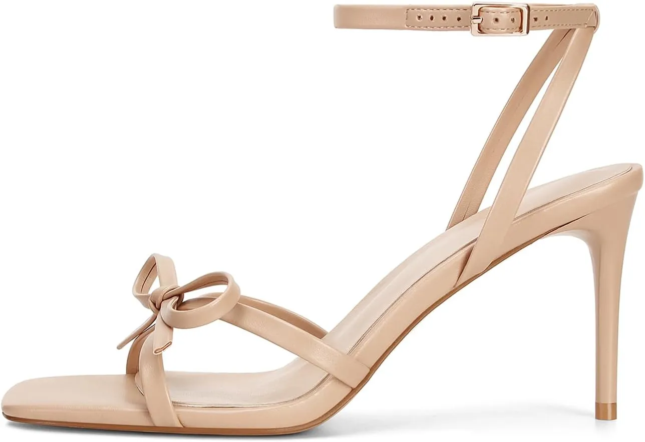 Dsevht Gold Bow Heels for Women Sexy Stiletto Strappy Heeled Sandals Square Open Toe Bow Knot Metallic Slingback Heels Dress Shoes