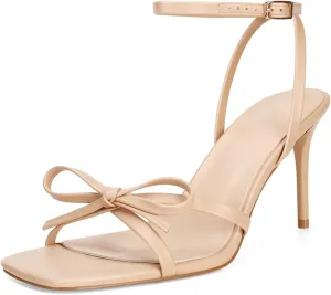 Dsevht Gold Bow Heels for Women Sexy Stiletto Strappy Heeled Sandals Square Open Toe Bow Knot Metallic Slingback Heels Dress Shoes