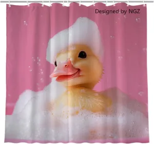 Duck Pink Shower Curtain, Cute Duck with Soap Bubble, Pink Shower Curtain Set with 12 Hooks for Spring Summer Bathroom Decor, 72X72inch