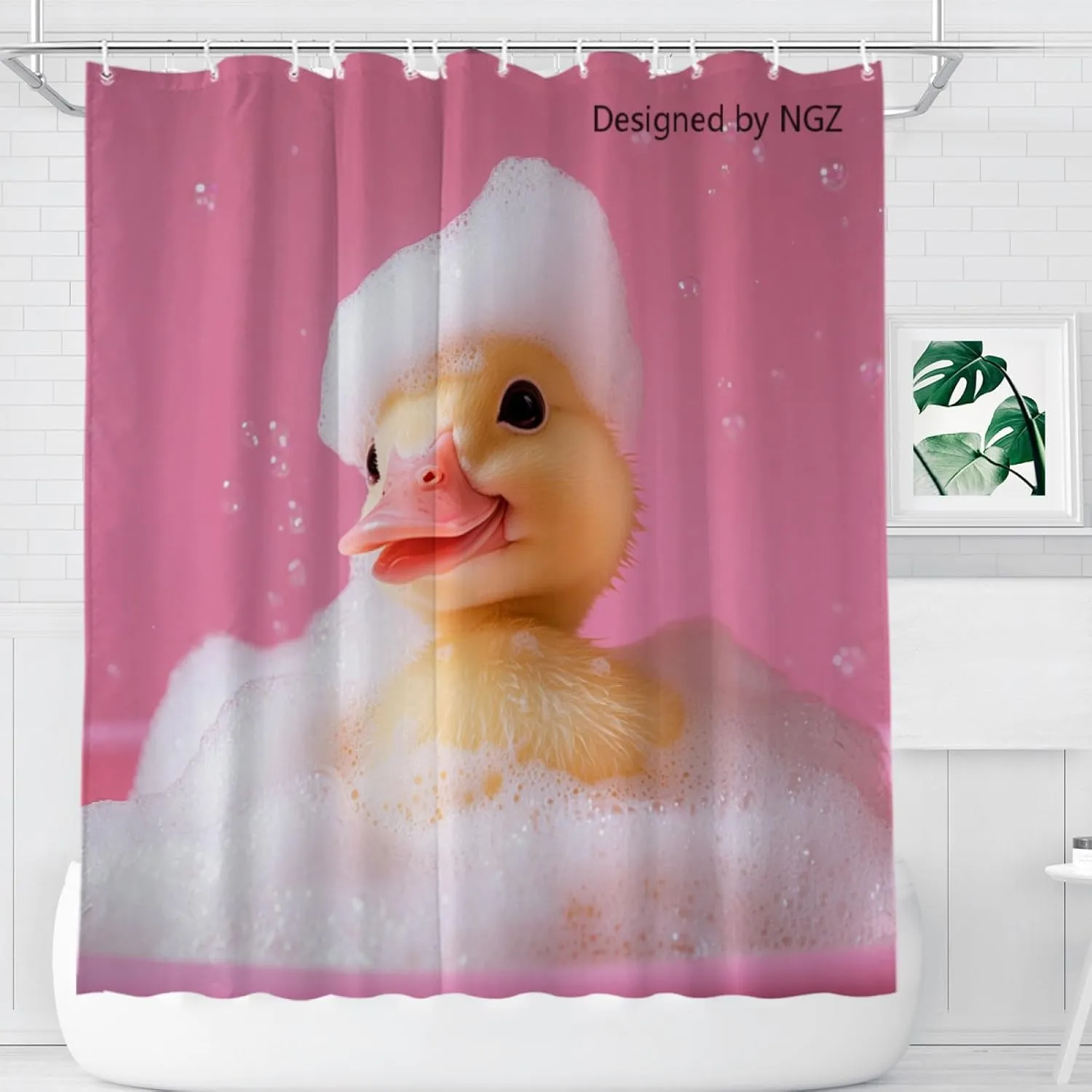 Duck Pink Shower Curtain, Cute Duck with Soap Bubble, Pink Shower Curtain Set with 12 Hooks for Spring Summer Bathroom Decor, 72X72inch