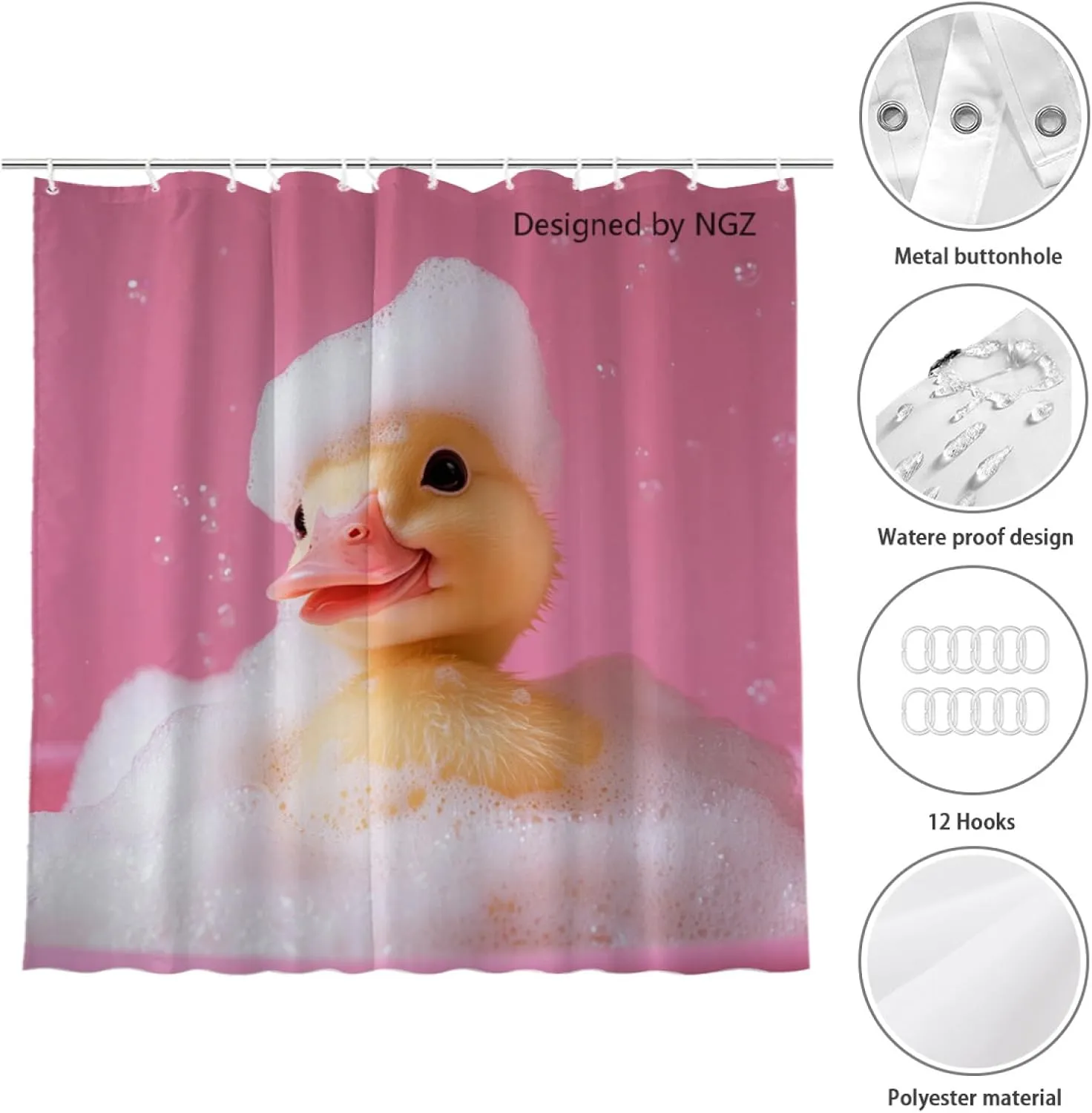 Duck Pink Shower Curtain, Cute Duck with Soap Bubble, Pink Shower Curtain Set with 12 Hooks for Spring Summer Bathroom Decor, 72X72inch