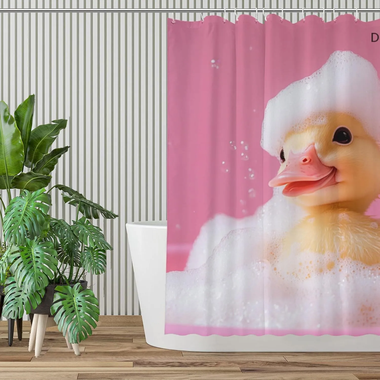 Duck Pink Shower Curtain, Cute Duck with Soap Bubble, Pink Shower Curtain Set with 12 Hooks for Spring Summer Bathroom Decor, 72X72inch