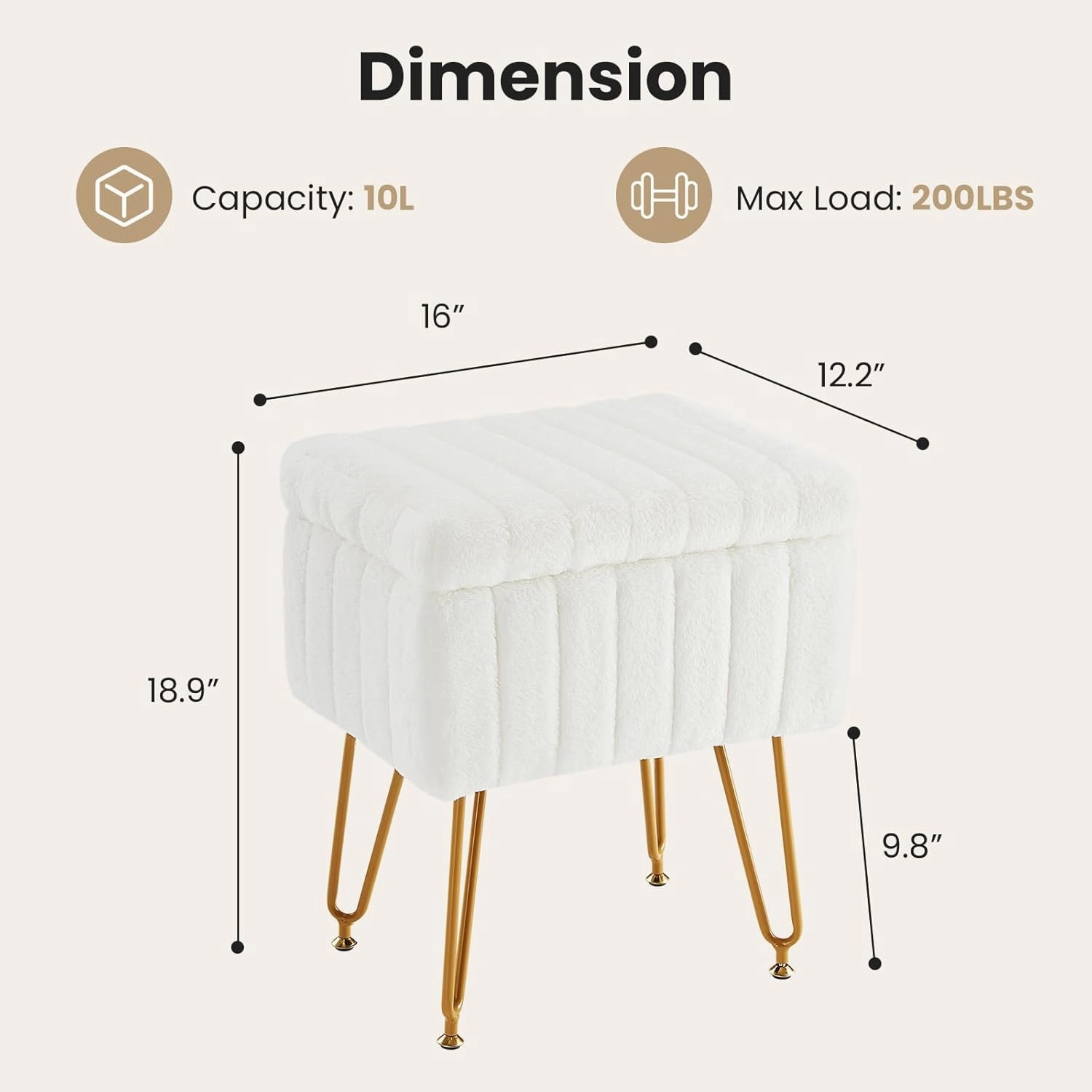 DUMOS Vanity Stool Chair Ottoman with Storage, Makeup Cute Soft Small Footstool Modern Style Faux Fur Seat with 4 Metal Legs & Adjustable Feet for Dressing Living Room Bedroom Dorm