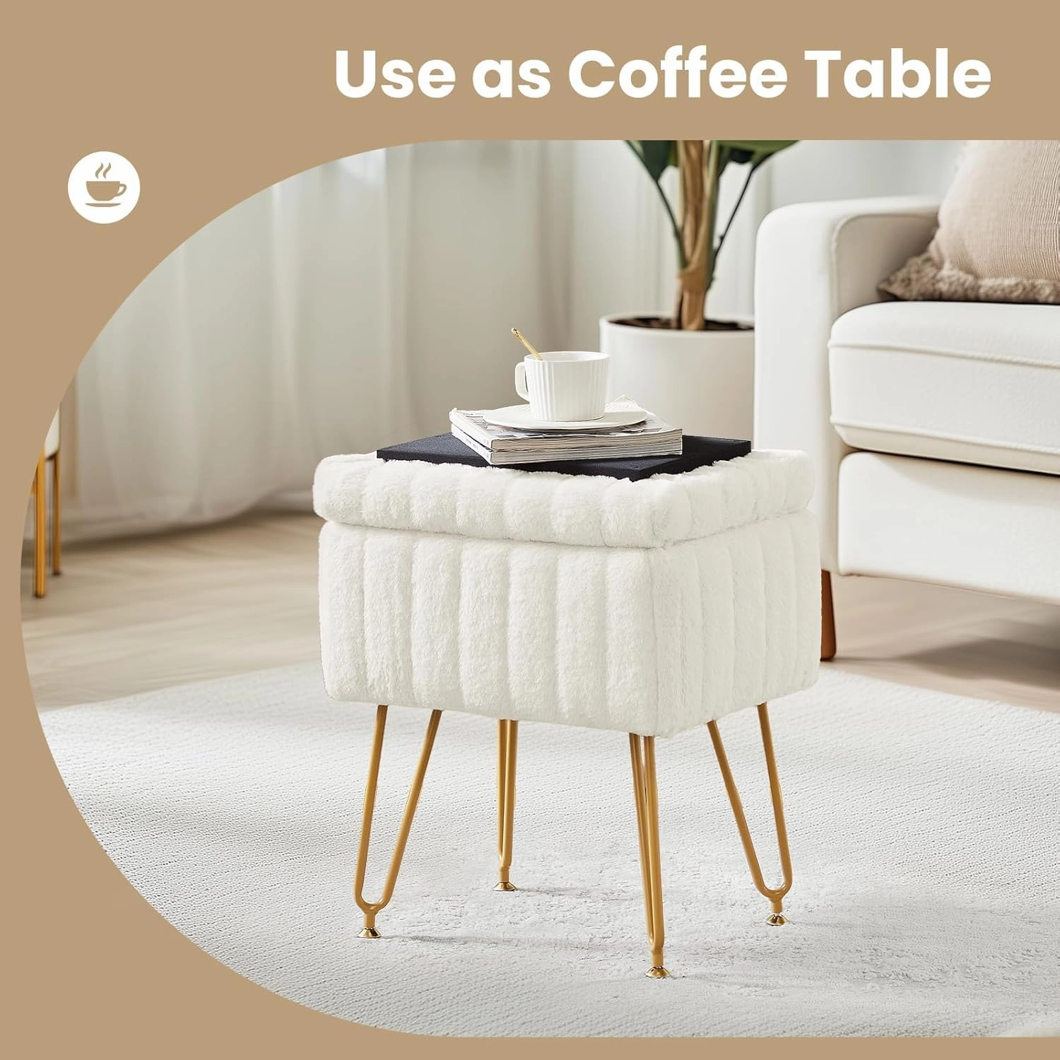 DUMOS Vanity Stool Chair Ottoman with Storage, Makeup Cute Soft Small Footstool Modern Style Faux Fur Seat with 4 Metal Legs & Adjustable Feet for Dressing Living Room Bedroom Dorm