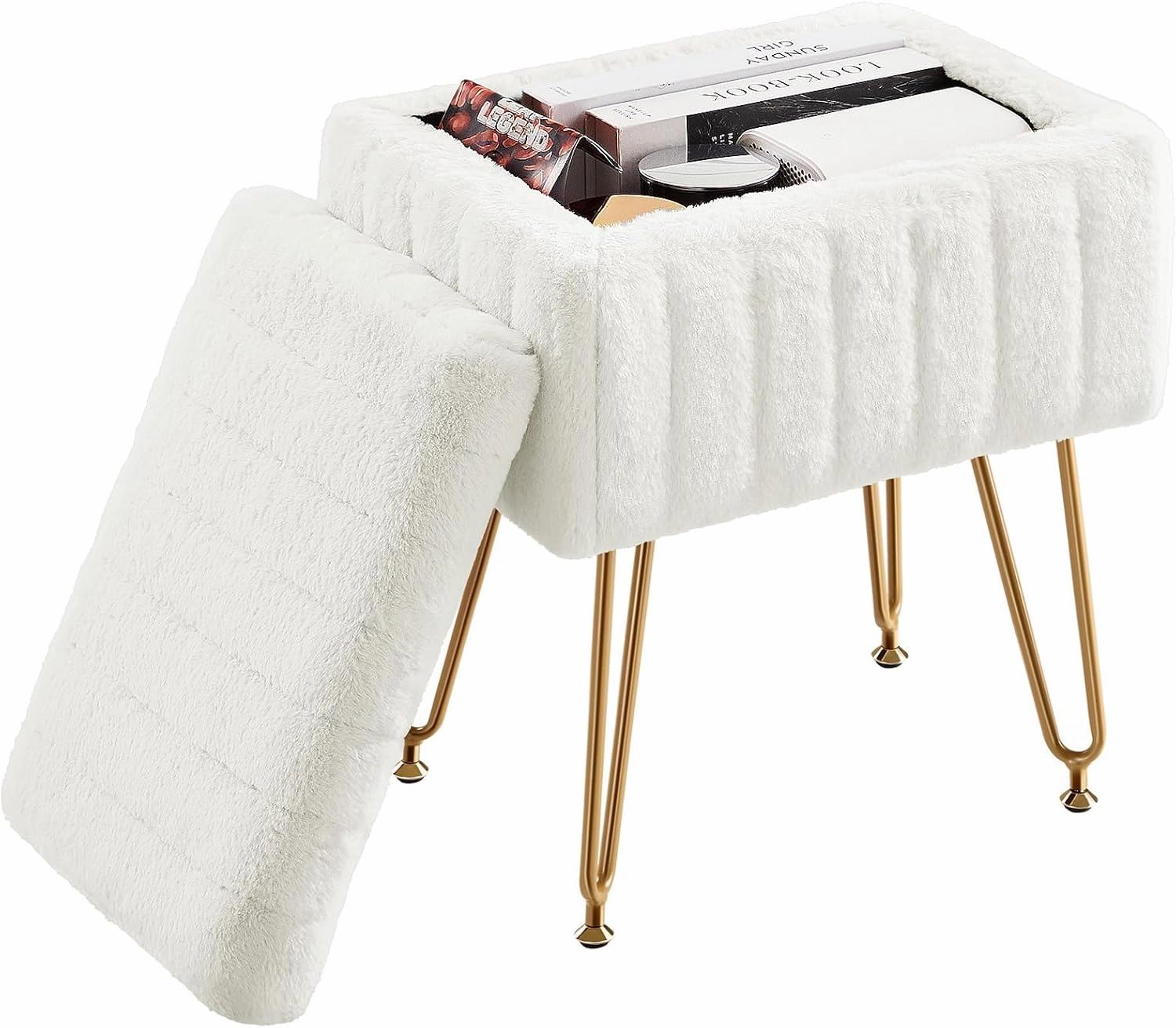 DUMOS Vanity Stool Chair Ottoman with Storage, Makeup Cute Soft Small Footstool Modern Style Faux Fur Seat with 4 Metal Legs & Adjustable Feet for Dressing Living Room Bedroom Dorm