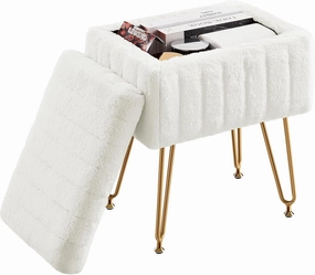 DUMOS Vanity Stool Chair Ottoman with Storage, Makeup Cute Soft Small Footstool Modern Style Faux Fur Seat with 4 Metal Legs & Adjustable Feet for Dressing Living Room Bedroom Dorm