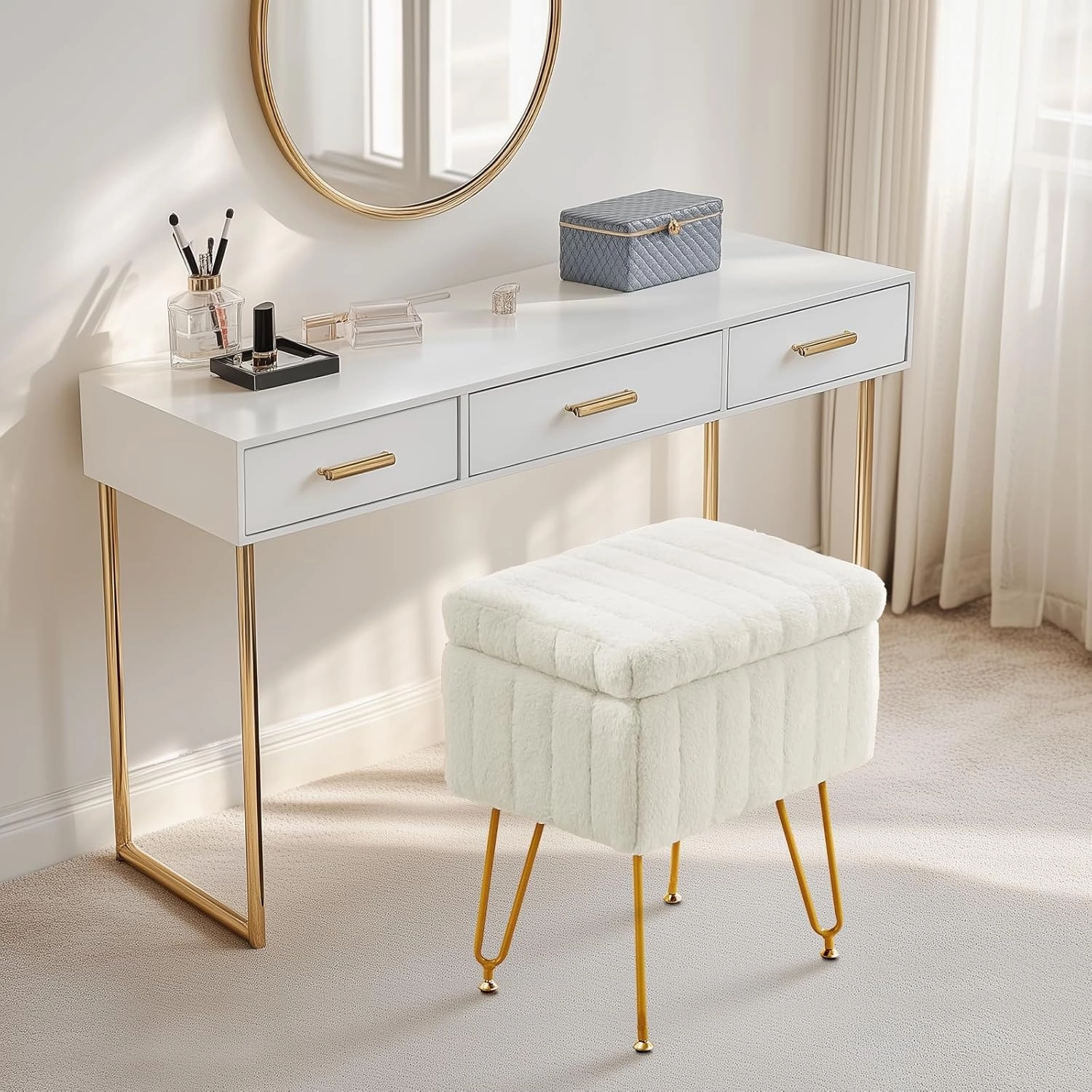 DUMOS Vanity Stool Chair Ottoman with Storage, Makeup Cute Soft Small Footstool Modern Style Faux Fur Seat with 4 Metal Legs & Adjustable Feet for Dressing Living Room Bedroom Dorm