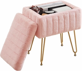 DUMOS Vanity Stool Chair, Ottoman with Storage, Makeup Cute Soft Small Footstool, Modern Style Faux Fur Seat with 4 Metal Legs & Adjustable Feet for Dressing, Living Room, Bedroom, Dorm, Pink