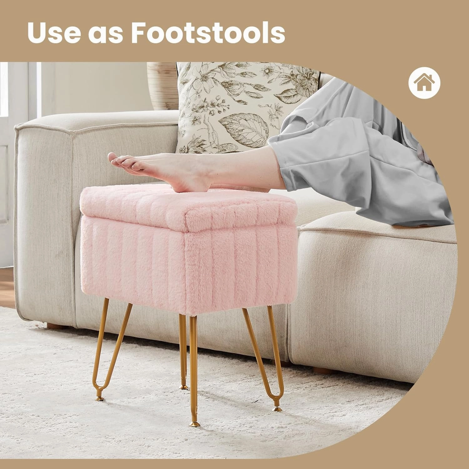 DUMOS Vanity Stool Chair, Ottoman with Storage, Makeup Cute Soft Small Footstool, Modern Style Faux Fur Seat with 4 Metal Legs & Adjustable Feet for Dressing, Living Room, Bedroom, Dorm, Pink