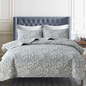 DURLENGEN Bluish Grey Botanical Quilt Set King Size 3Pcs, Bluish Grey Printed with Beige Leaves Pattern, All Season Lightweight Coverlet Sets(King 106x96,Beige Botanical)