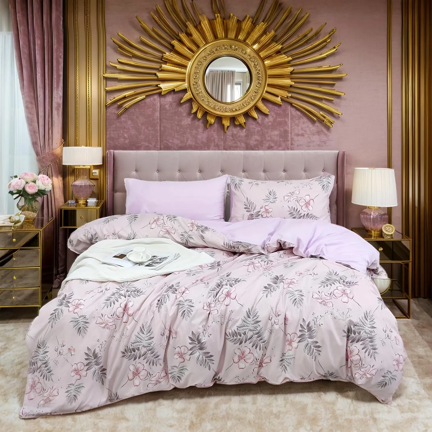 Duvet Cover Set Queen 3-Piece, 1 Duvet Cover 90" x 90", 2 Pillowcases 20" x 30", Elegant Pink Floral & Botanical Palm Leaf Design Ultra Lightweight, Stain-Resistant with Zipper Closure