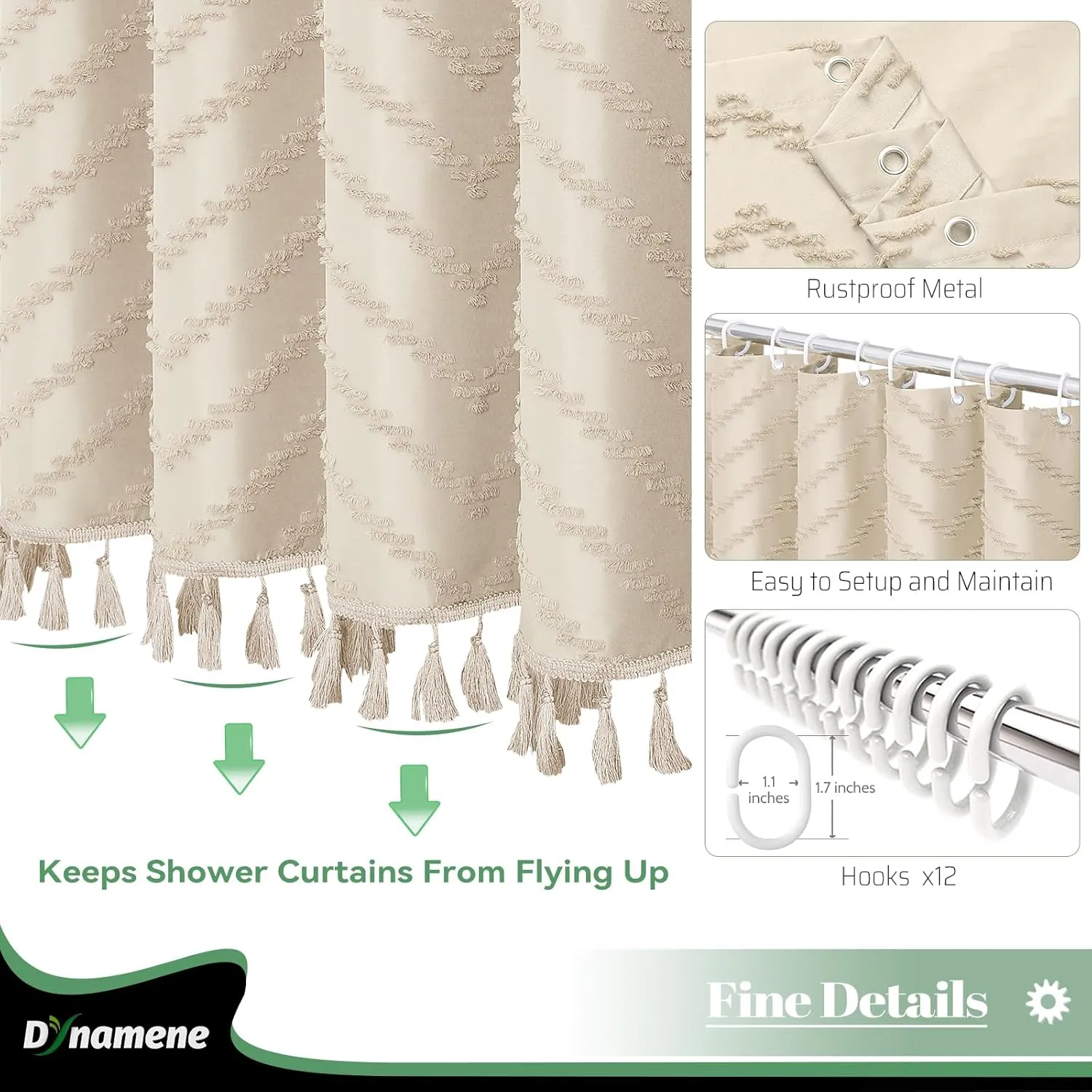 Dynamene Boho Farmhouse Shower Curtain, Beige Fabric Tufted Chevron Striped Textured Tassel Shower Curtains for Bathroom, Water Repellent, Minimalist Ruffled Cloth Shower Curtain Set with Hook, 72x72