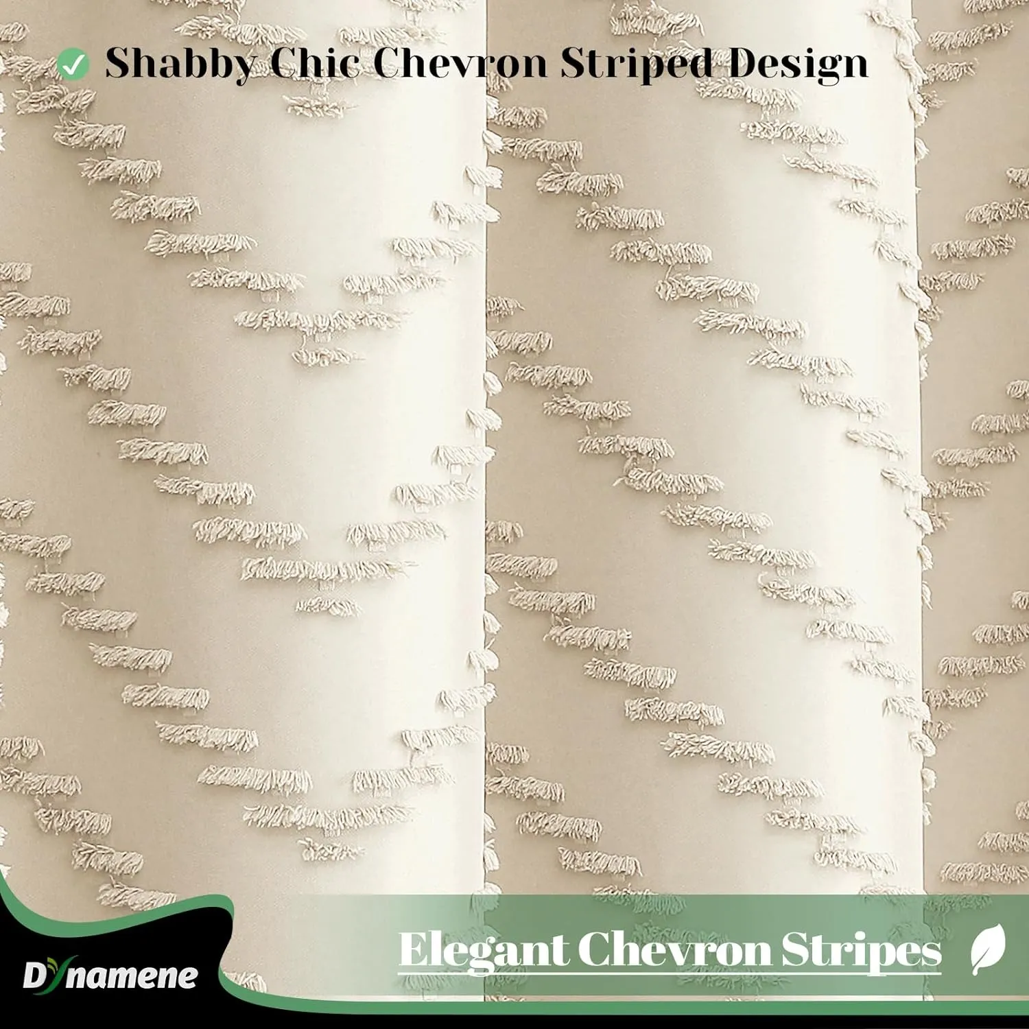 Dynamene Boho Farmhouse Shower Curtain, Beige Fabric Tufted Chevron Striped Textured Tassel Shower Curtains for Bathroom, Water Repellent, Minimalist Ruffled Cloth Shower Curtain Set with Hook, 72x72