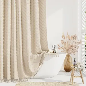 Dynamene Boho Farmhouse Shower Curtain, Beige Fabric Tufted Chevron Striped Textured Tassel Shower Curtains for Bathroom, Water Repellent, Minimalist Ruffled Cloth Shower Curtain Set with Hook, 72x72