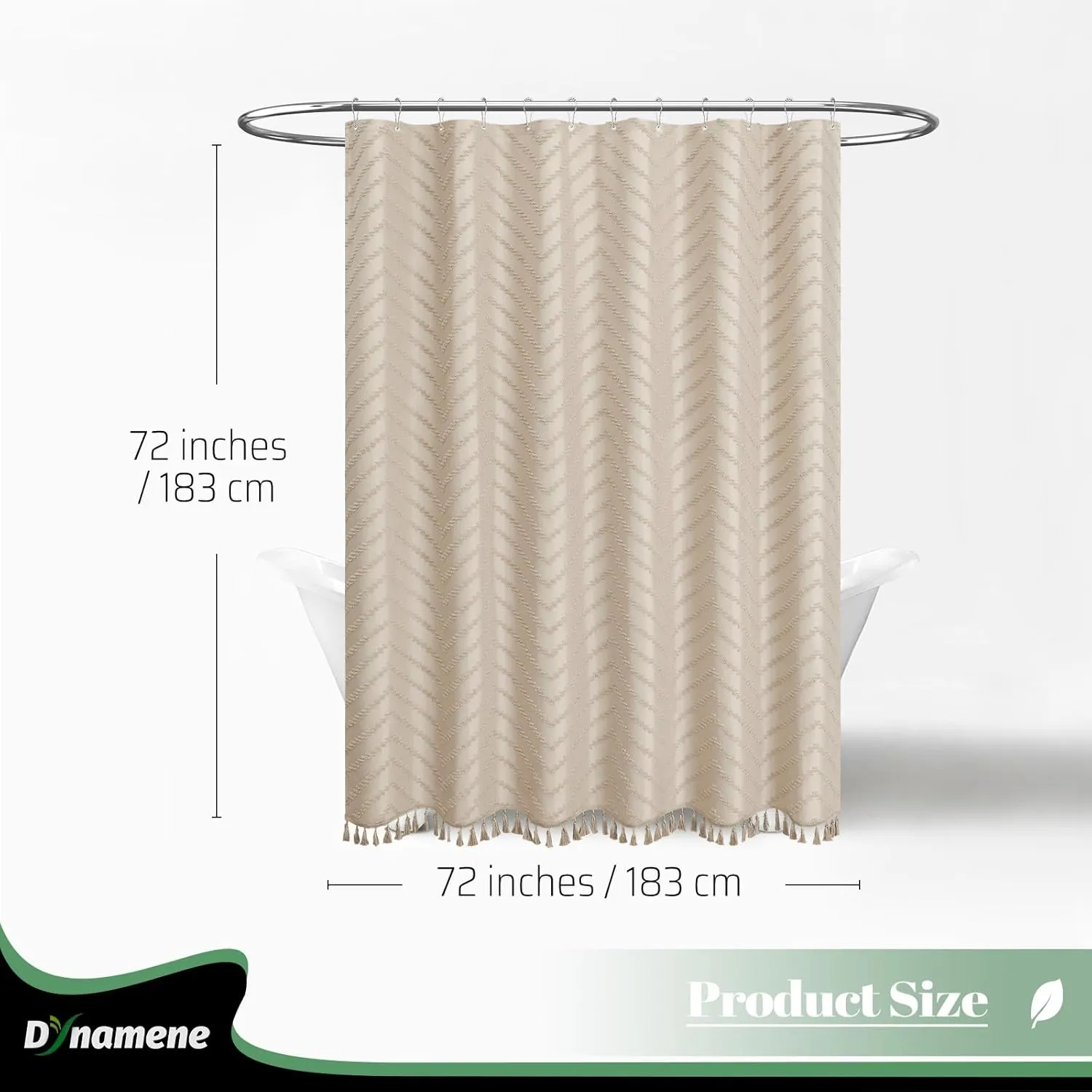 Dynamene Boho Farmhouse Shower Curtain, Beige Fabric Tufted Chevron Striped Textured Tassel Shower Curtains for Bathroom, Water Repellent, Minimalist Ruffled Cloth Shower Curtain Set with Hook, 72x72