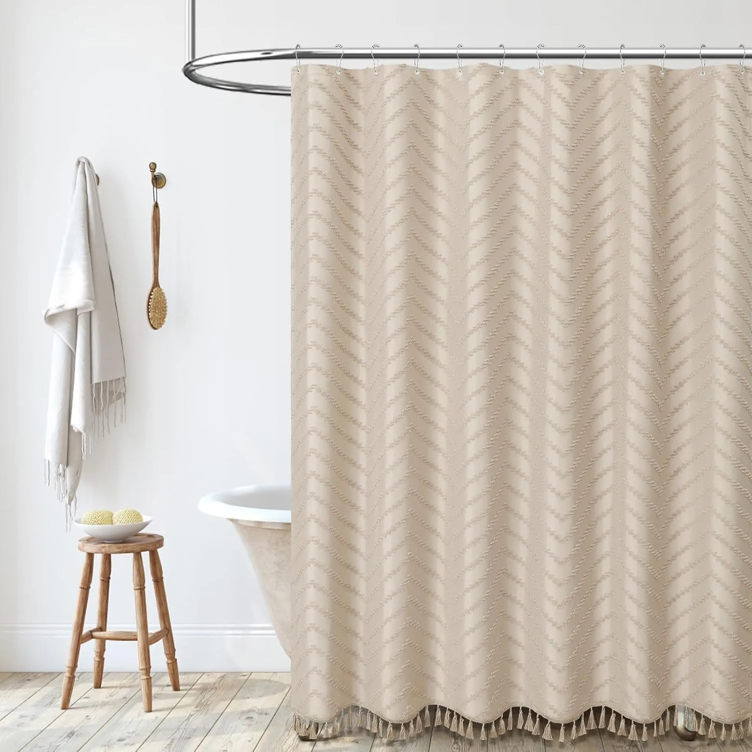 Dynamene Boho Farmhouse Shower Curtain, Beige Fabric Tufted Chevron Striped Textured Tassel Shower Curtains for Bathroom, Water Repellent, Minimalist Ruffled Cloth Shower Curtain Set with Hook, 72x72