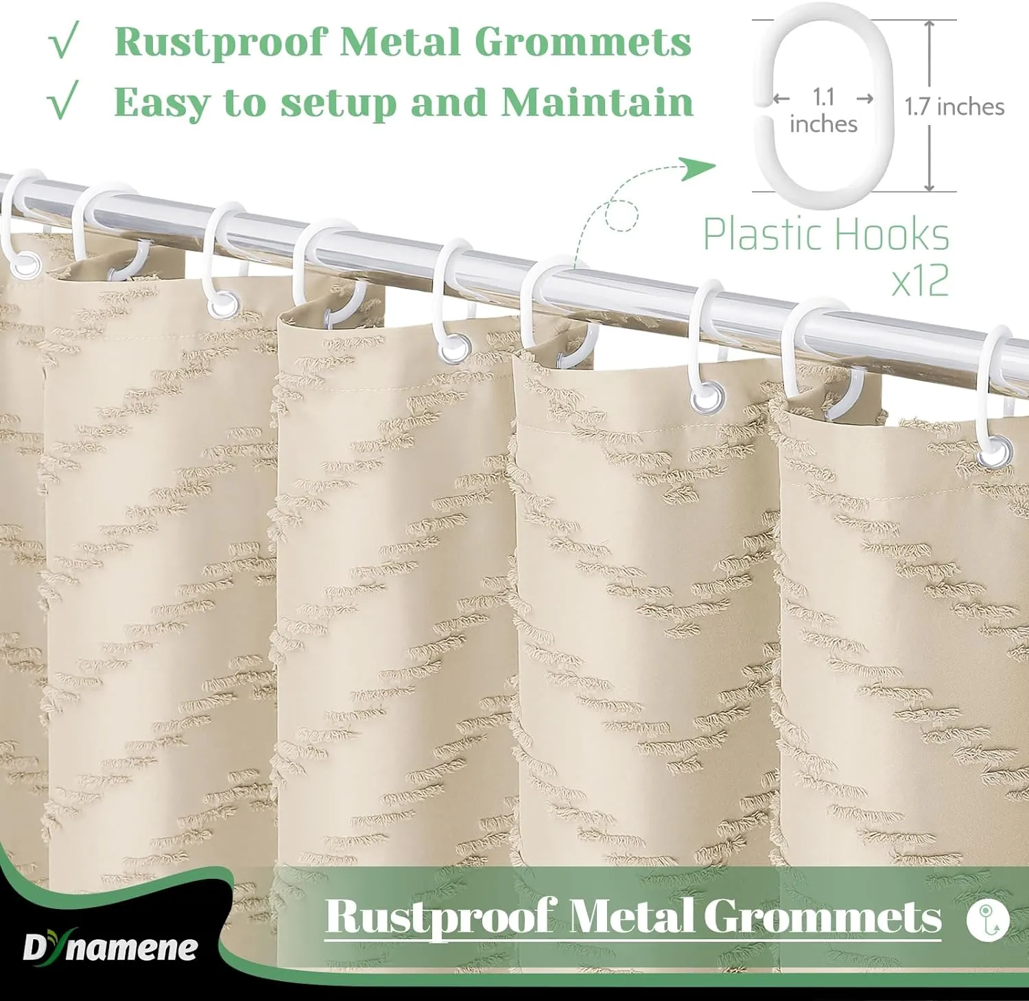 Dynamene Boho Farmhouse Shower Curtain, Beige Fabric Tufted Chevron Striped Textured Tassel Shower Curtains for Bathroom, Water Repellent, Minimalist Ruffled Cloth Shower Curtain Set with Hook, 72x72